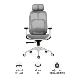 Ghế công thái học HYPERWORK Airy | Trắng, 120kg, Chân xoay, Lưng lưới