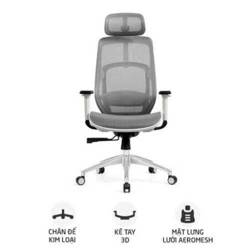 Ghế công thái học HYPERWORK Airy | Trắng, 120kg, Chân xoay, Lưng lưới