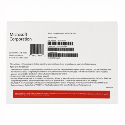Phần mềm Microsoft Windows 11 Pro 64Bit Eng Intl 1PK DSP OEI DVD (FQC-10528) | Box Chính Hãng