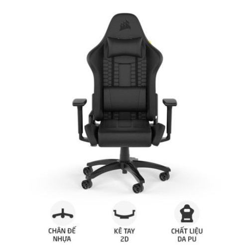 Ghế gaming CORSAIR TC100 RELAXED | Đen, 120kg, Chân xoay, Da PU (CF-9010050-WW)