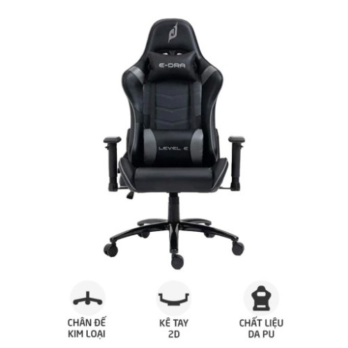 Ghế gaming E DRA Level E EGC229 | Đen xám, 150kg, Chân xoay, Da PU